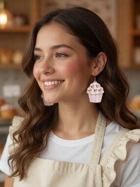 Pink Cupcake Heart Dangle Earrings